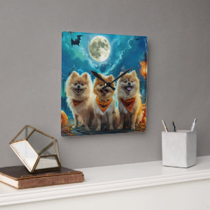Horloge Carrée Pomeranian Halloween Épouvantable