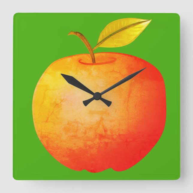 Horloge Carrée Pomme Fruit Vibrant moderne Carton rouge et vert (Recto)
