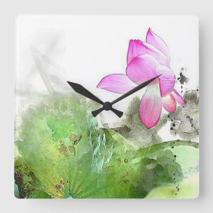 Horloge Carrée POND LOTUS l Peinture à pinceau chinoise