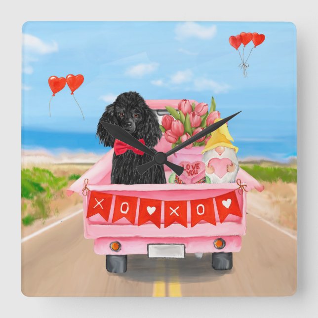 Horloge Carrée Poodle Chien Saint-Valentin Coeurs de Camion (Recto)