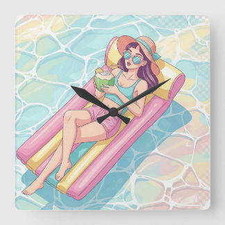 Horloge Carrée Pool Day Relaxing Girl