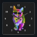 Horloge Carrée Pop art cool cat with sung<br><div class="desc">A cute pop art colorful bright illustration of a cool kitty cat with sung. Pour les lovers everywhere !</div>