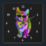 Horloge Carrée Pop art cool cat with sung<br><div class="desc">A cute pop art colorful bright illustration of a cool kitty cat with sung. Pour les lovers everywhere !</div>