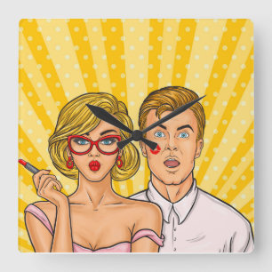 Horloge Carrée Pop Art Couple