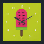Horloge Carrée Pop Art glace à l'eau pastèque fruité<br><div class="desc">Une illustration colorée et lumineuse de style pop art d'une glace à l'eau à la pastèque en rose et vert citron vert. Joyeux et fruité !</div>