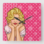 Horloge Carrée Pop art Woman<br><div class="desc">Pretty Blonde Dreaming with Polka Dots background</div>