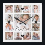 Horloge Carrée Pop Pop Script Family Memory<br><div class="desc">A beautiful personalized vend pour your pop pop that'll cherish for years to come. Fonctions a modernes: photo grid collage layout to display 13 of your own special family photo memories. Pop designed in a beautiful handwritten black script style. Each photo is framed with a simple gold-colored frame. Simple black...</div>
