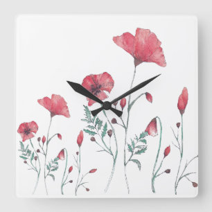 Horloge Carrée Poppies d'aquarelle