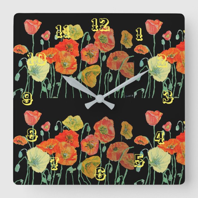 Horloge Carrée Poppies de pavot rouge orange Aquarelle florale No (Recto)