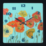Horloge Carrée Poppies Poppy Floral Room Clock<br><div class="desc">Shabby Chic Aqua Poppies Poppy Floral Room Clock Designed from my original watercolour art.</div>
