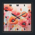 Horloge Carrée Poppies rouges dans une aquarelle de champ<br><div class="desc">Une horloge avec une belle aquarelle. Un champ de fleurs rouges avec de belles gouttes d'eau et des éclaboussures.</div>