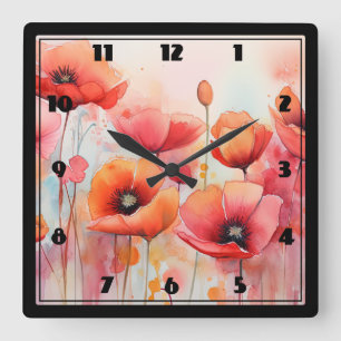 Horloge Carrée Poppies rouges dans une aquarelle de champ