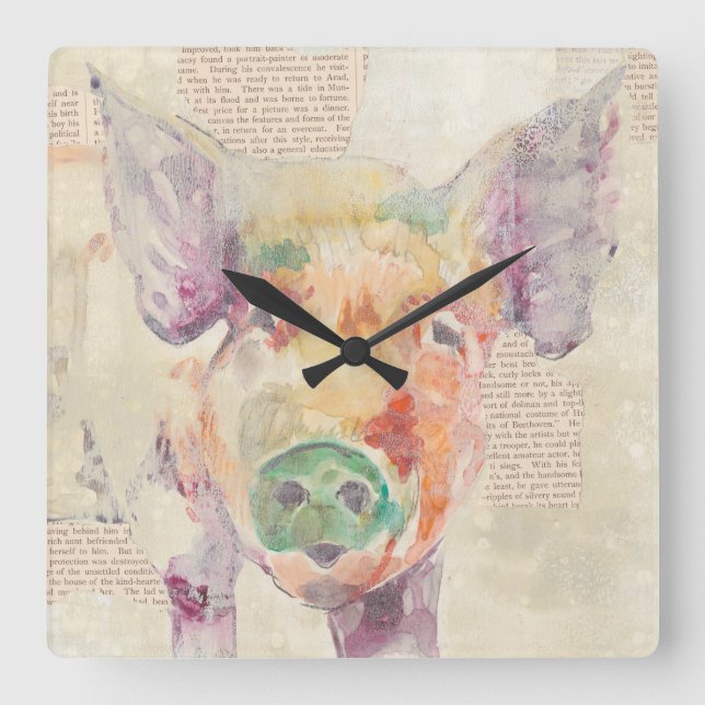 Horloge Carrée Porc de collage de ferme d'aquarelle (Recto)