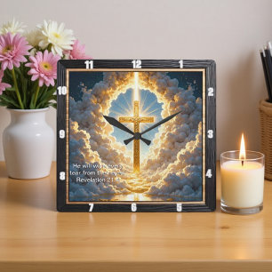 Horloge Carrée Porte du Ciel Croix Dorée Révélation Radieuse 21:4