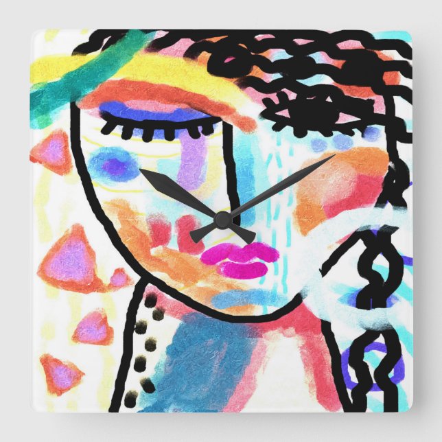 Horloge Carrée Portrait Abstrait funky d'une femme (Recto)