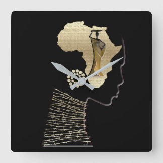 Horloge Carrée Portrait Afrocentrique Doré Symbole de l'Afrique