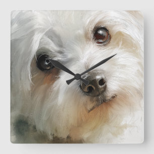 Horloge Carrée Portrait aquarelle de chien maltais