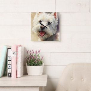 Horloge Carrée Portrait aquarelle de chien Westie