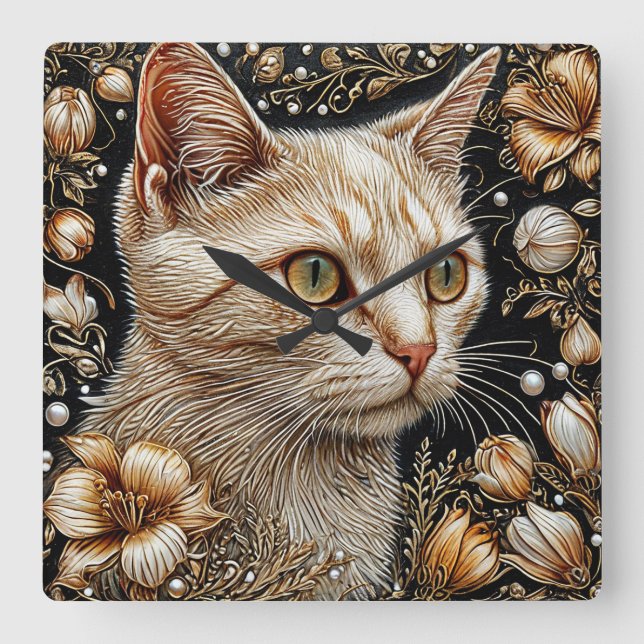Horloge Carrée Portrait de chat élégant (Recto)