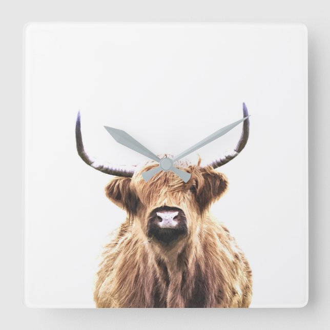 Horloge Carrée Portrait de Highland cow scottish animal (Recto)