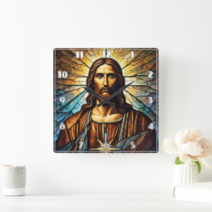 Horloge Carrée Portrait de Jésus avec Aura d'or en verre tendu