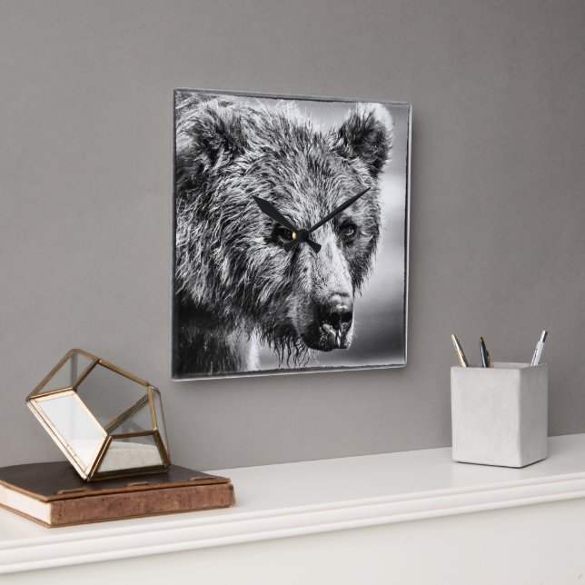 Horloge Carrée Portrait d'ours grizzli (Bureau)