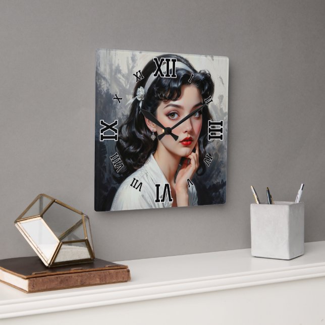 Horloge Carrée Portrait inspiré par Retro d'une jeune femme réflé (Bureau)