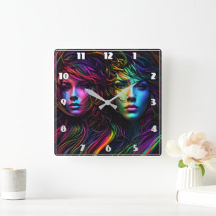 Horloge Carrée Portraits colorés de deux femmes