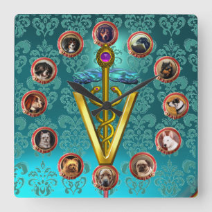 HORLOGE CARRÉE PORTRAITS DE CHIENS VICTORIENS CADUCÉE SYMBOLE VÉT