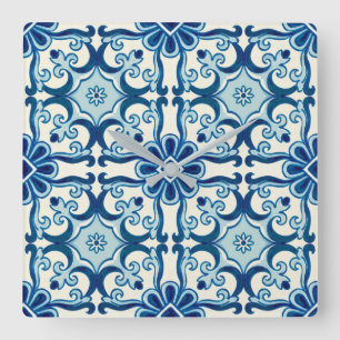 Horloge Carrée Portugais Azulejos Blue Floral Motif
