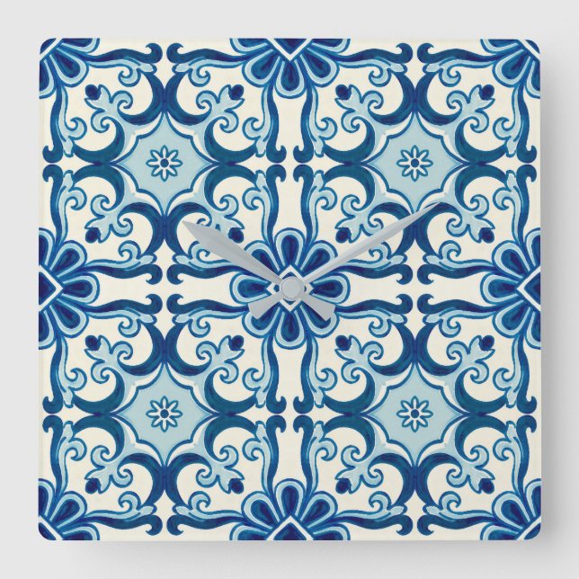 Horloge Carrée Portugais Azulejos Blue Floral Motif (Recto)