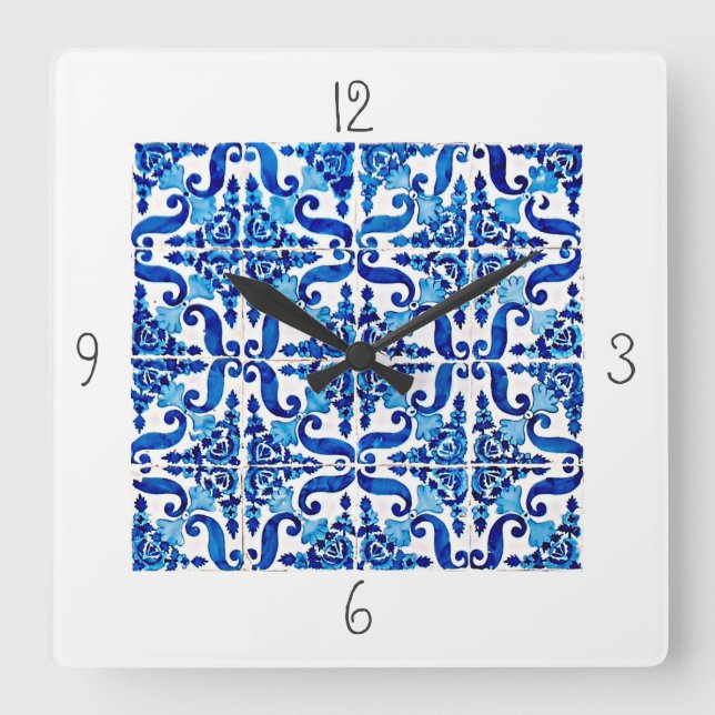 Horloge Carrée Portuguese Azulejo Square Wall Clock (Recto)