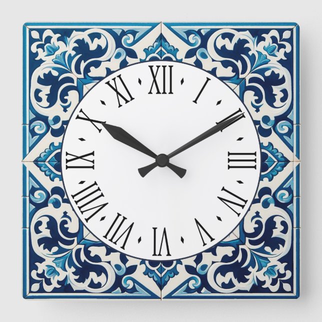 Horloge Carrée Portuguese blue tile square wall clock (Recto)