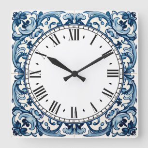 Horloge Carrée Portuguese blue tile square wall clock
