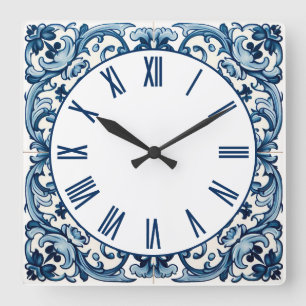 Horloge Carrée Portuguese blue tile square wall clock
