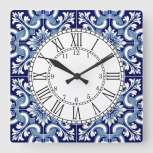 Horloge Carrée Portuguese blue tile square wall clock