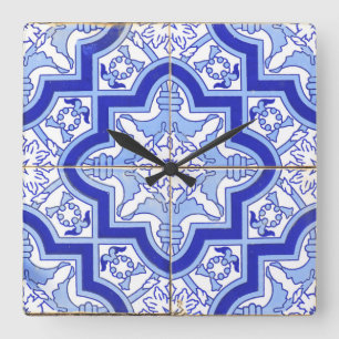 Horloge Carrée Portuguese Tile clock blue
