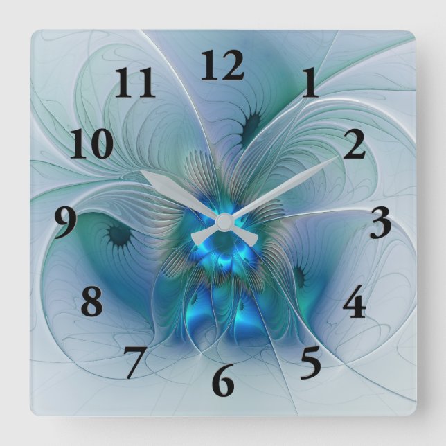 Horloge Carrée Position, Abstrait bleu turquoise fractal (Recto)
