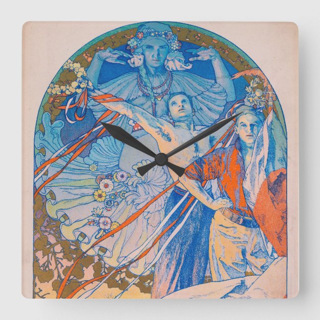 Horloge Carrée Poster d'Alphonse Mucha pour le Sokol Festival (19 (Recto)
