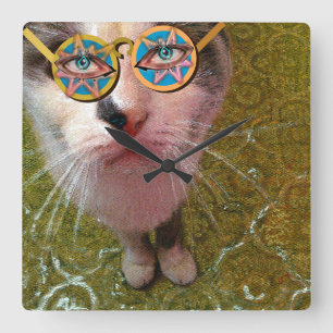 Horloge Carrée Poster de Wise Cat, Yeux humains et lunettes amusa