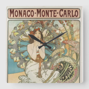 Horloge Carrée Poster Mont-Carlo vintage par Alphonse Mucha