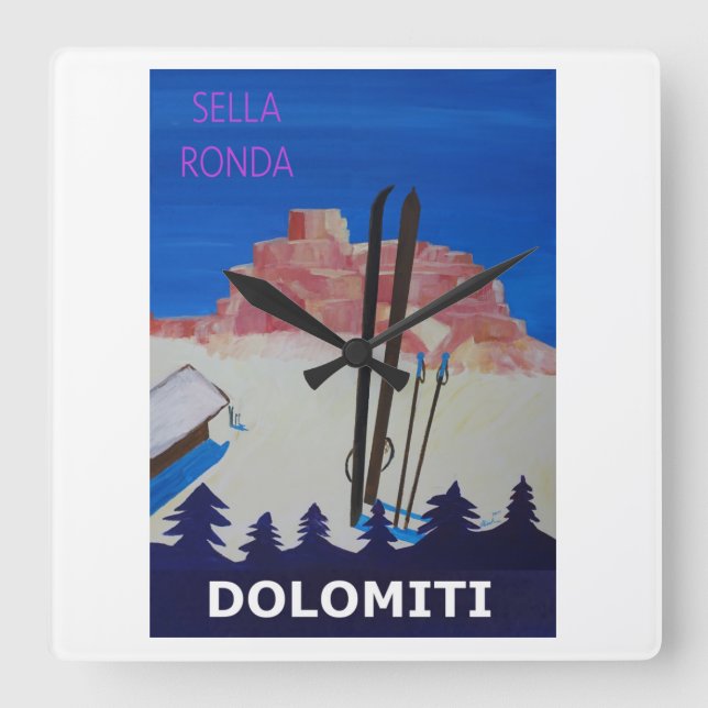 Horloge Carrée Poster rétro Dolomiti Italie à Sella Ronda (Recto)