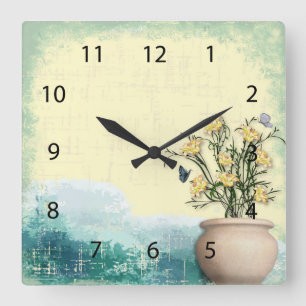 Horloge Carrée Pot à fleurs vintage et Mariage papillon