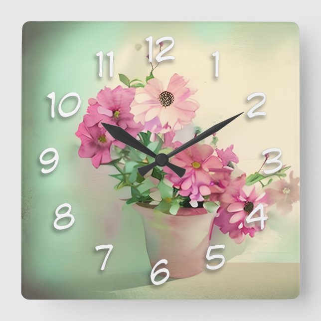 Horloge Carrée Pot de fleurs d'aquarelle rose (Recto)