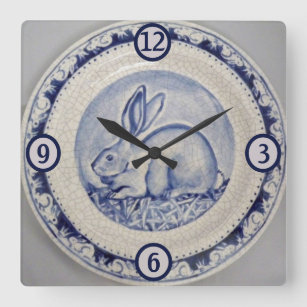 Horloge Carrée Poterie lapin bleu et blanc Chine Dedham Art