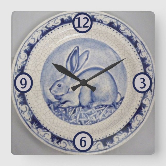 Horloge Carrée Poterie lapin bleu et blanc Chine Dedham Art (Recto)
