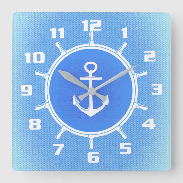 Horloge Carrée Poudre Ancrage et roue nautique bleu et blanc (Recto)