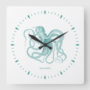 Horloge Carrée poulpe turquoise et chiffres sur monogramme blanc