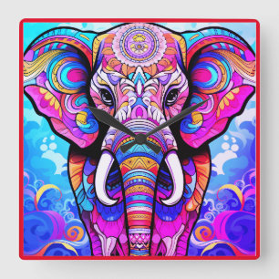 Horloge Carrée Pour la nurserie un éléphant coloré sur un charman