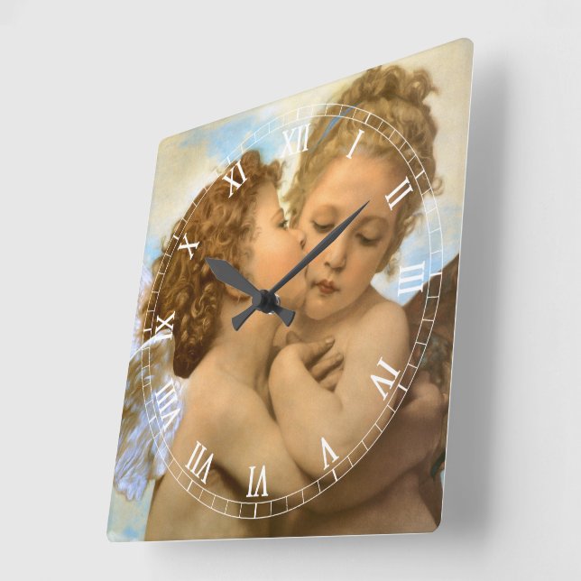 Horloge Carrée Premier Baiser (détail d'ange) de Bouguereau (Angle)